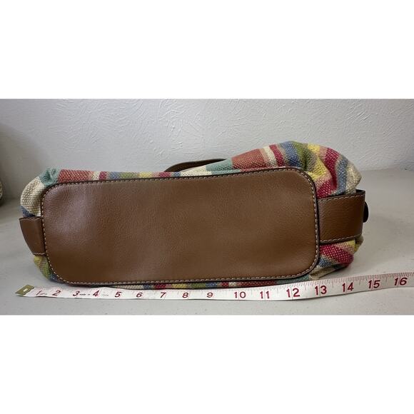 Fossil Beachy Striped Faux Leather Canvas Bag Zipper Dual Handle Pockets Boho - Picture 13 of 16